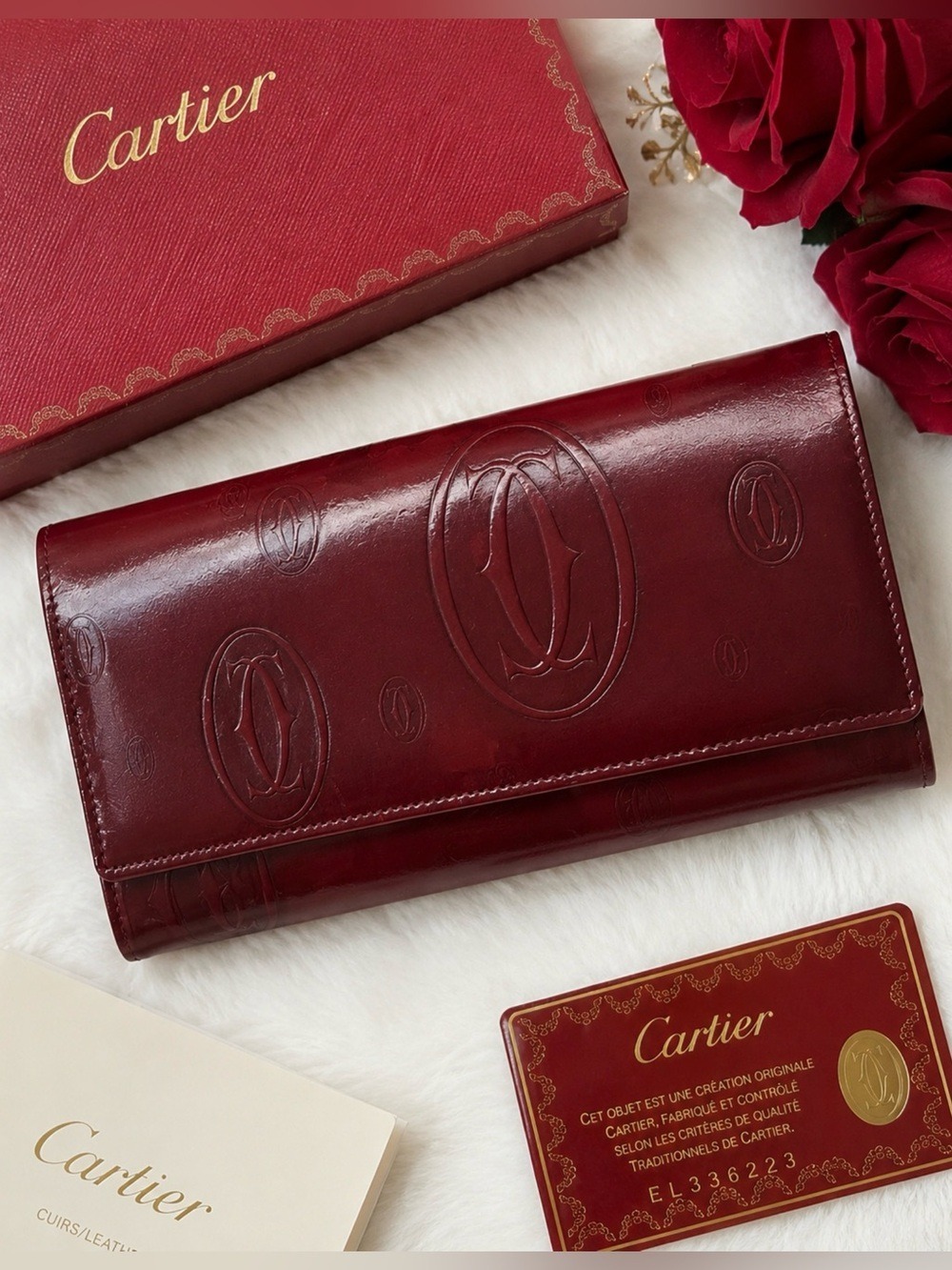 CARTIER MUST DE CARTIER HAPPY BIRTHDAY BORDEAUX PATENT LEATHER LONG WALLET